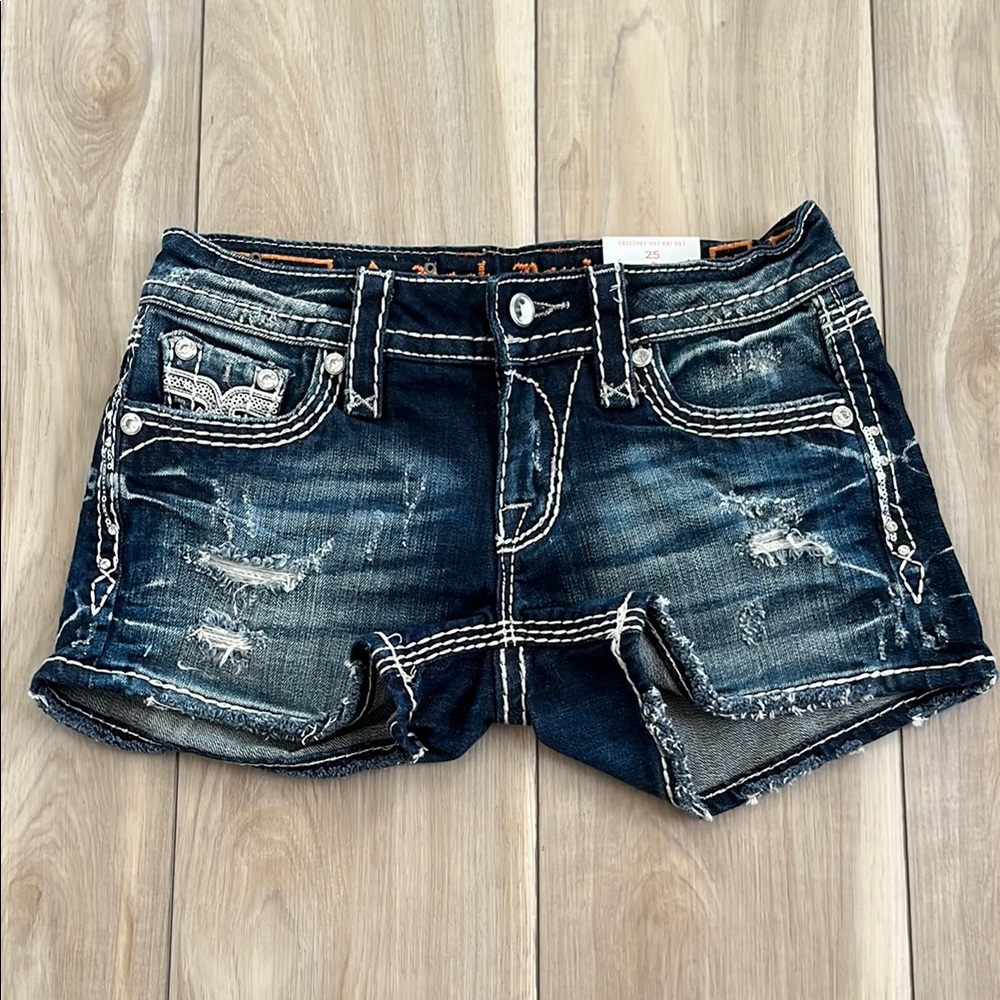 Buckle Blue Distressed Jean Shorts with Cuffed Hem